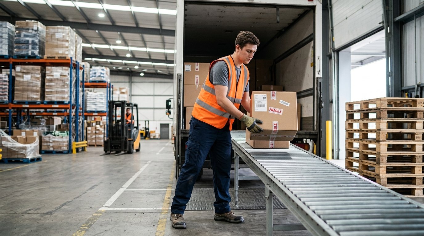 Ambiente de depósito com movimentação de mercadorias para carga e descarga