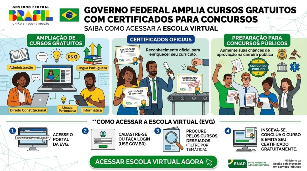 Governo federal amplia cursos gratuitos com certificado para concursos, veja como acessar a Escola Virtual